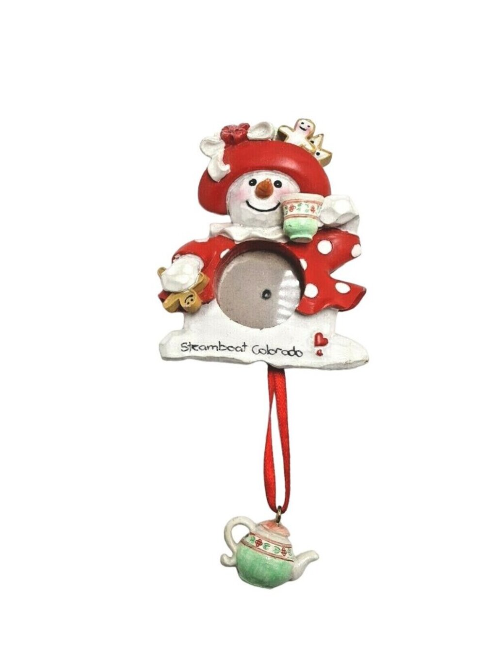 Snowlady Snowman Picture Frame Hanging Ornament Steamboat Colorado teapot woman
